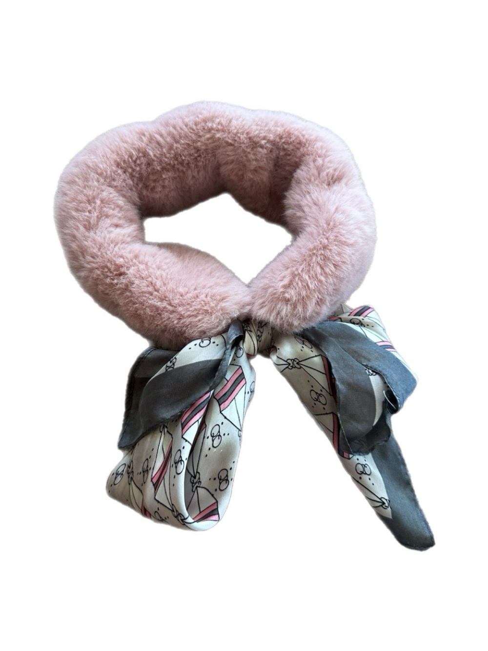 Plush Pink Faux-Fur Neck Scarf with Printed Silk-Tie Accent